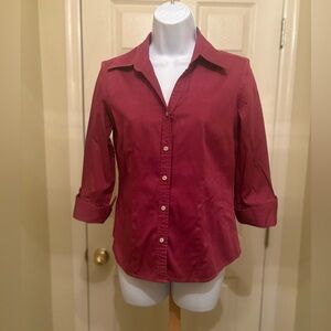 TALBOTS Woman’s Burgundy Button-Down Stretch, 3/4 Sleeve V-Neck Shirt, Size: SP